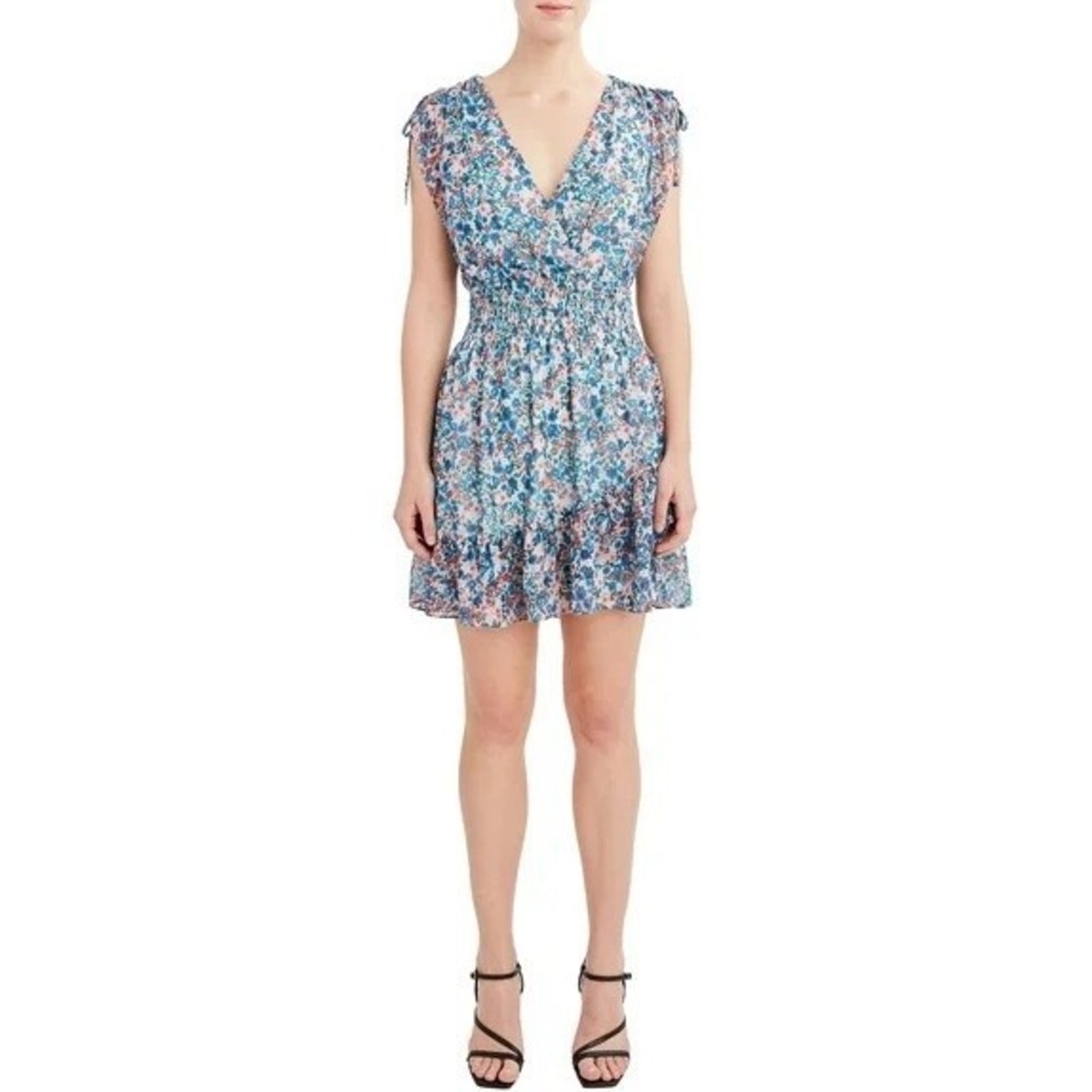 BCBG Paris Blue Floral V Neck Smocked Waist Fit & Flare Chiffon Ruffle Dress L